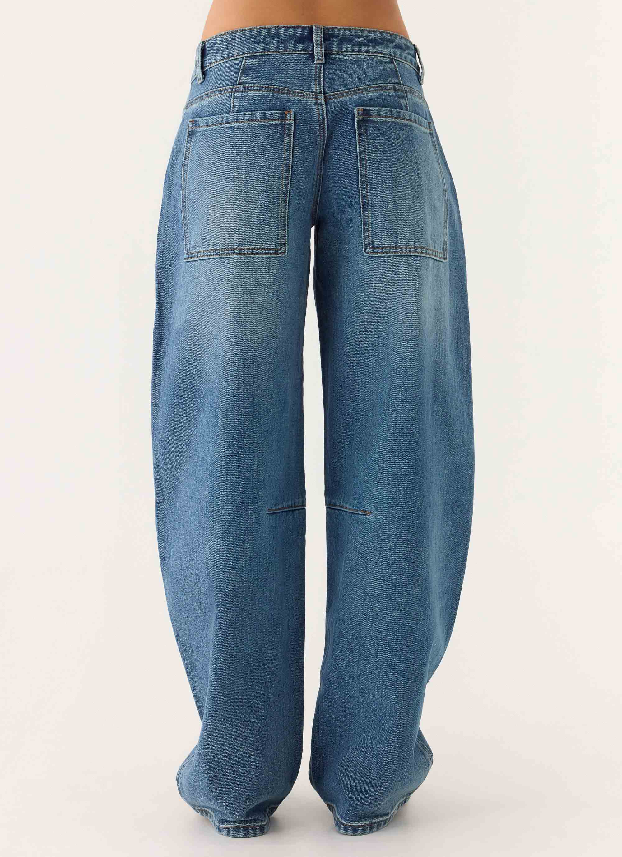 Stevie Low Rise Barrel Leg Denim Jeans - Mid Wash Blue