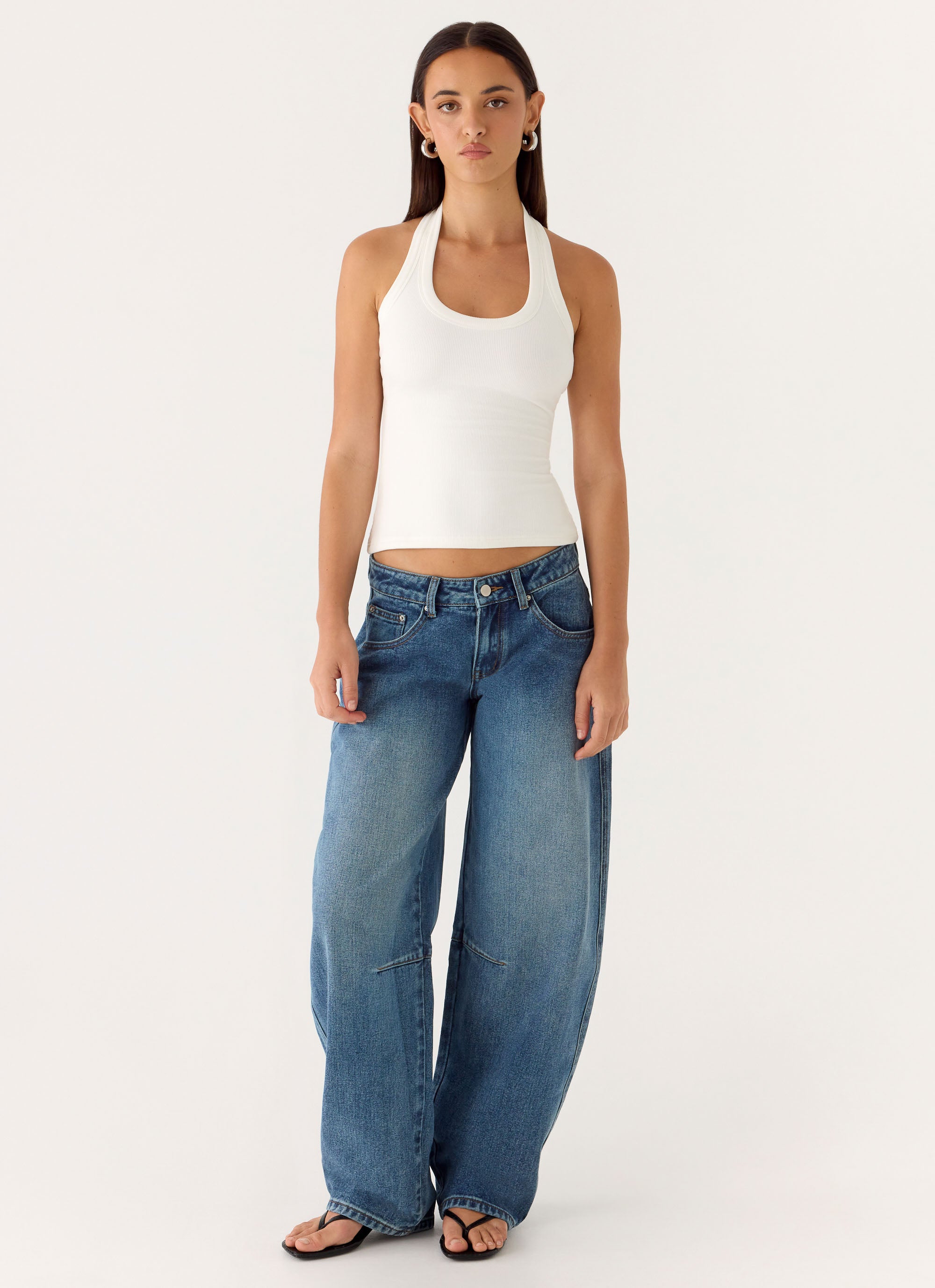 Stevie Low Rise Barrel Leg Denim Jeans - Mid Wash Blue